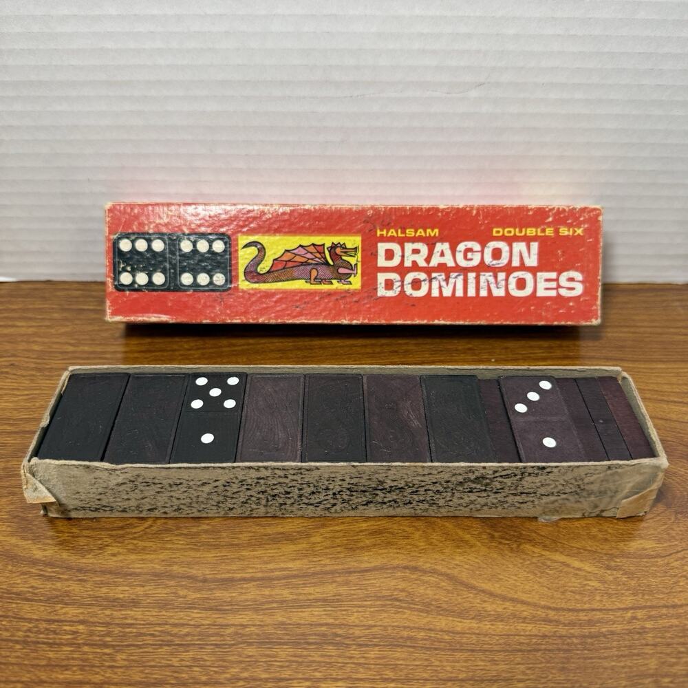 Vtg HALSAM DOUBLE SIX DRAGON DOMINOES with Box